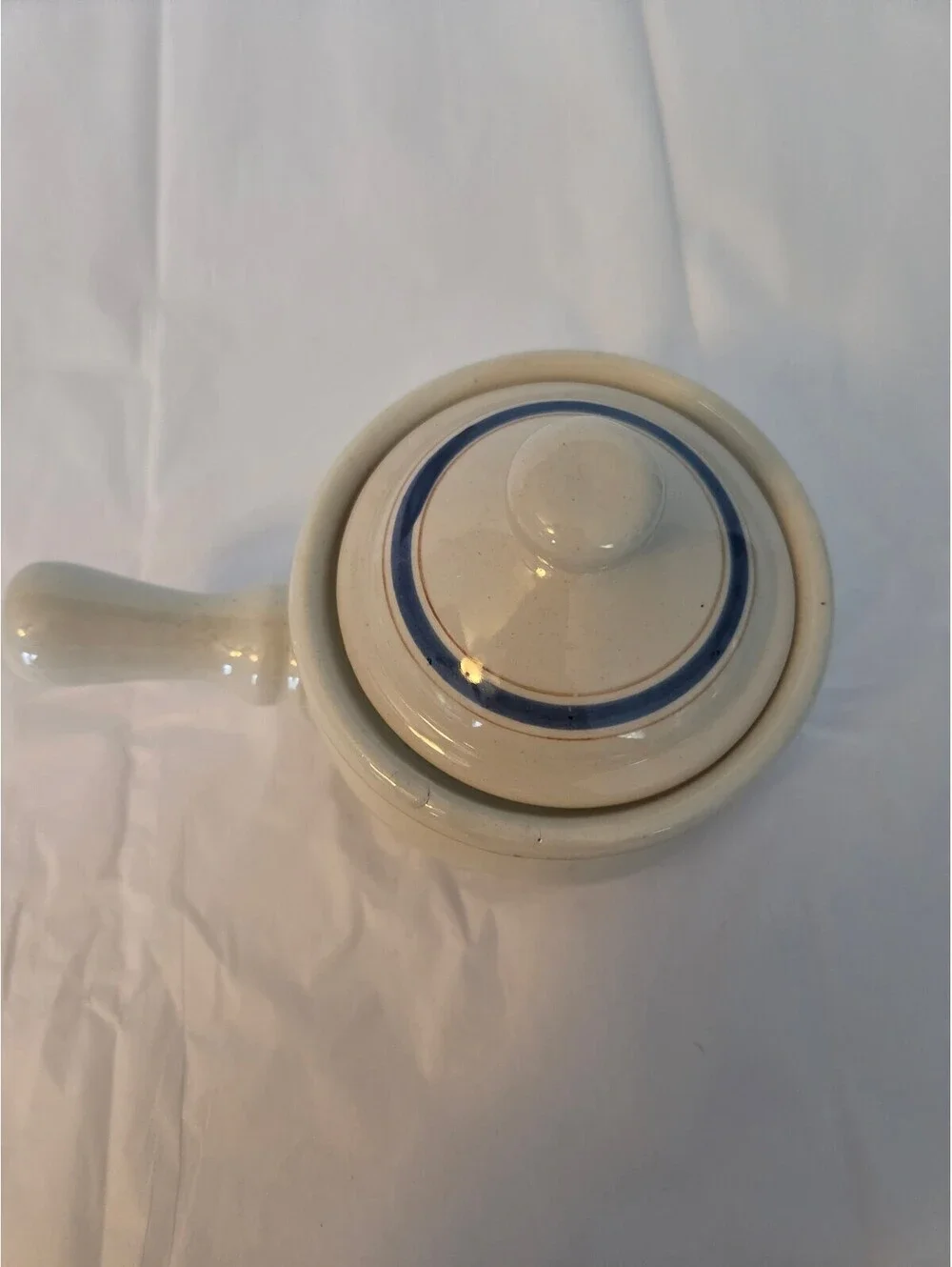 Vintage Ceramic Saucepan with Lid and Handle, Cream and Blue Stripes